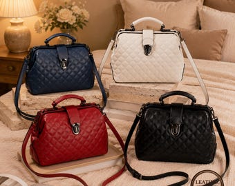 Torba lekarska w stylu vintage, pikowana torba ze skóry PU, torebka z zapięciem na zamek w stylu retro, damska torebka na ramię