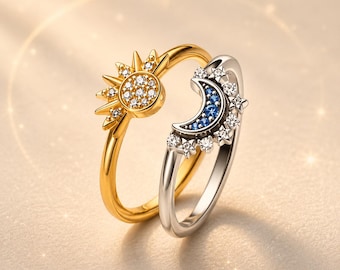Sun and Moon Ring Set, Celestial Adjustable Rings, Half Sun Moon Ring, Best Friend Rings, Couple Rings, Matching Promise Ring Gift for Her