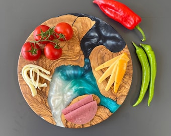 Round Charcuterie Board, Olive Wood Serving Tray, Cheese Platter, Rustic Kitchen Gift