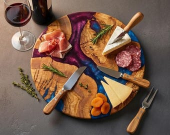 Round Charcuterie Board, Olive Wood Grazing Board, Cheese Platter, Rustic Kitchen Gift