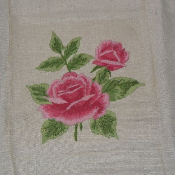 Vintage pink rose needlepoint embroidery / wall hanging decor / floral shabby cottage / handmade embroidered / picture art