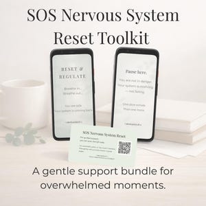 May include: An image of a white mug, two smartphones displaying text, a small card with a QR code, and a stack of books. The smartphones read "RESET & REGULATE" and "Pause here." The card reads "SOS Nervous System Reset." The text at the top reads "SOS Nervous System Reset Toolkit."