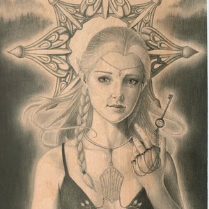 High Elf Decorative Gate Guardian Key Ring Jewelry Forest Theme Art Print  | One 11 x 14 Pencil Drawing on Wood | Wall Art