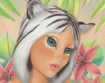 Tiger Girl with Tiger Lilies in Jungle - 8x10 Art Print
