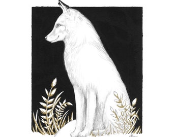 Fox Painting, Acrylic Painting, Fox Print, Fox and Wildflowers, Fox Art, Fox Nursery, White Fox, Print titled, "Watchful One"