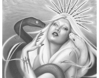 Aeternalis, Art Print 11x17 Fantasy Dark Goddess with Crown and Black Snake and White Snake Art