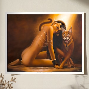 Gaze of Bastet Art Print: Egyptian Goddess & Caracal Cat (11x14)