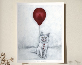 Pennywise Cat, Red Ballon, Horror Art Print - Horrorcore Wall Décor - Cat Art Print, Clown Cat Illustration, Pennywise, Steven King Art