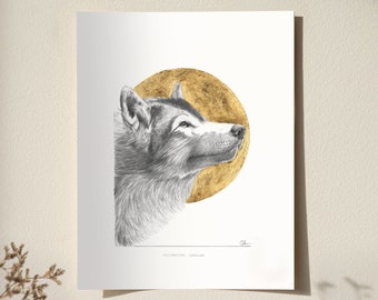 Yellowstone Wolf Art Nature Print - Animal Wall Décor - Wolf Art Print, Celestial Nature Illustration - Gold Wall Decor