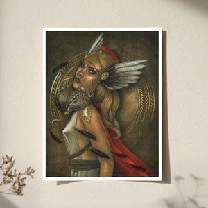 Athena, Greek Shield, Athena altar print, Athena and owl, raven with Athena, owl, Athena goddess Art Print