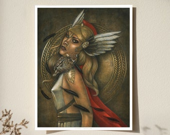 Art Print Athena Greek Goddess, Shield Maiden, Owl Raven Feathers, Owl Art, Raven Art, Dark Fantasy, Painting