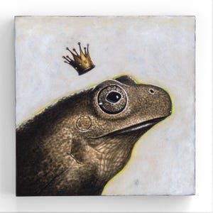 Frog Prince Embellished Print on Wood, Frog Painting, Whimsical Frog with a Crown Art Print, Perfect Gift for Frog Lovers, Fun Frog Print