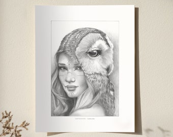 Girl and Owl Portrait Art Print: Cottagecore Woman Wall Art