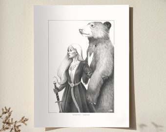 Guardians, Nordic Art, Cottagecore Print, Viking Decor, Girl with Bear, Sword Maiden, 8x10 Print