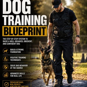 May include: A digital guide titled DOG TRAINING BLUEPRINT by MAXWELL SPIKES MEDIA, featuring text about a step-by-step system for dog obedience, positive training, and behavior solutions, alongside an illustration of a person and a German Shepherd.