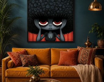 Dark Curl Sister Wall Art – Moody Afro Doll Printable for Beauty Rooms