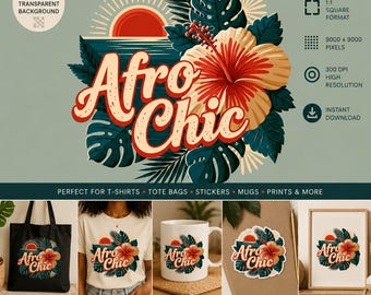 Afro Chic Tropical Clipart PNG – Retro Floral Design with Transparent Background