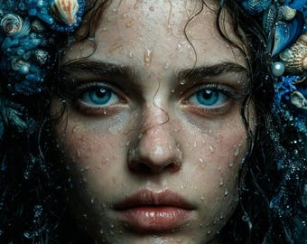 Siren Queen Print | Dark Ocean Mythology Portrait | Mystical Decor | Dark Academia Art | Digital Download