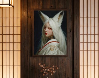 Kitsune — White Fox Spirit Portrait Print | Japanese Mythology Wall Art | Dark Fantasy Decor