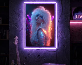 Evi MoonRockers Print | 80s Glam Rock Wall Art | Dark Neon Decor | Digital Download