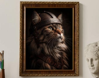 Maine Coon Viking Warrior Portrait | Cat Art Print | Digital Download