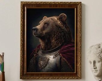 Bear Knight Wall Art Print, Medieval Animal Portrait, Fantasy Wildlife Decor, Digital Download