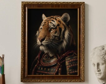 Tiger Samurai Wall Art Print, Japanese Animal Portrait, Fantasy Wildlife Decor, Digital Download