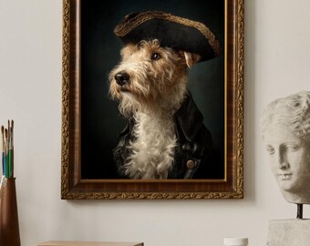 Dog Wall Art Print | Wire Fox Terrier Pirate Captain | Vintage Pet Portrait | Digital Download