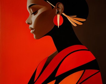 African Couture Queen | Red Profile Portrait | Black Woman Art Print