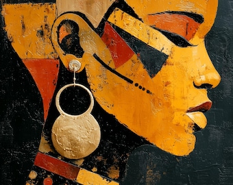 Afro Woman Portrait Print | Boho Wallpaper | Cubist African Art | Gold Black Wall Art