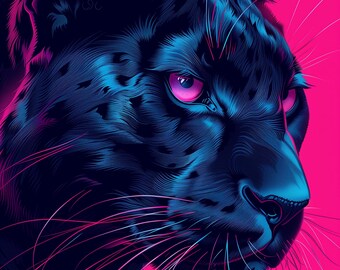 Black Panther Print | Dark Neon Animal Portrait | Bold Cat Decor | Digital Download
