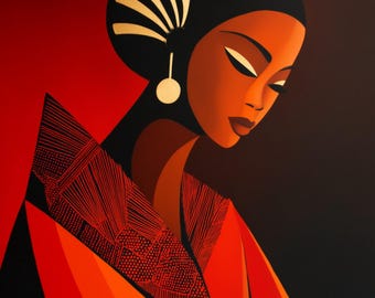 African Wall Print | Golden Fan Portrait | Bold Black Woman Art | Digital Download