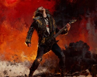 Solo Inferno Print | Dark Rock Guitar Portrait | Cinematic Fire Decor | Digital Download