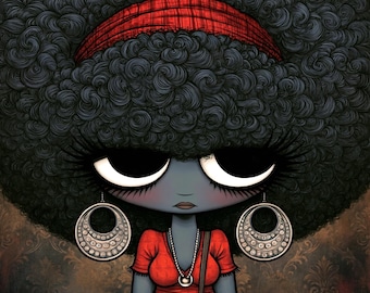 Dark Curl Sister Wall Art – Elegant Afro Doll Printable for Beauty Rooms