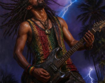 Black Man Wall Art | Rocksta Music Print | Dark Fantasy Guitar Storm Poster