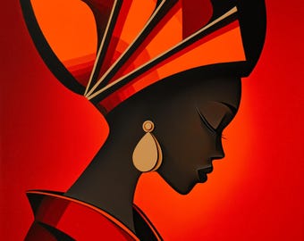 African Couture Queen Print | Red Silhouette Portrait | Bold Black Woman Art | Digital Download
