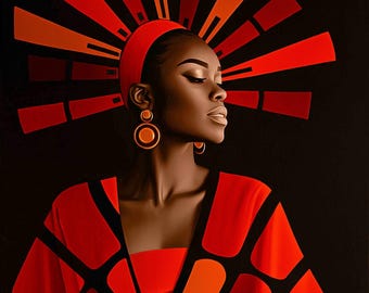 African Couture Queen Print | Sun Goddess Portrait | Bold Black Woman Art | Digital Download