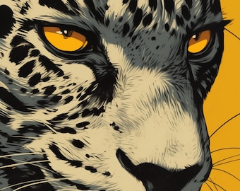 Jaguar Pop Art Print – Bold Amber Eyes, Modern Boho Animal Portrait (Digital Download)