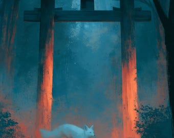 Japanese Wall Art | Spirit Crossing — Kitsune Fox Torii Gate Digital Print