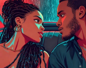 Dark Romance Couple Print – Moody Neon Cityscape, Graphic Pop Art (Digital Download)