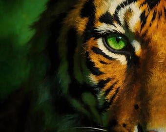 Tiger Wall Art Print | Dark Green Eye Wild Cat Portrait | Digital Download