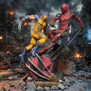 May include: A detailed statue of Wolverine and Deadpool in combat. Wolverine, in a yellow and blue suit, clashes with Deadpool, in a red and black suit. The base features the Deadpool logo and claws, with a backdrop of a ruined city, evoking a post-apocalyptic setting.
