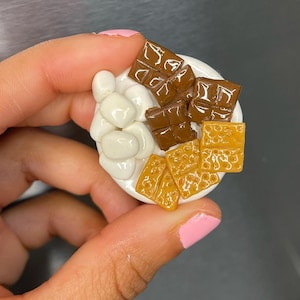 Könnte beinhalten: Ein Miniatur-Magnet mit einem weißen Teller mit Marshmallows, Schokolade und Graham Crackern. Die Schokolade ist dunkelbraun, die Graham Cracker sind goldfarben und die Marshmallows sind weiß. Der Magnet wird in einer Hand gehalten.