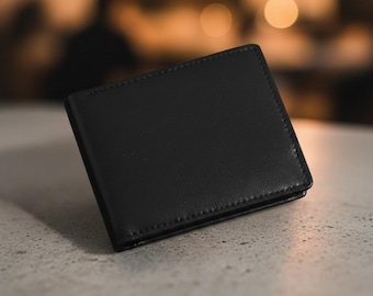 Carteira masculina de couro preto | Elegante e fina, dobrável | Porta-cartões em couro legítimo | Presente para namorado