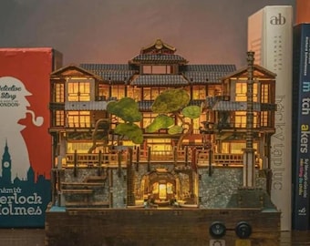 Angolo lettura Ginzan Onsen fatto a mano, angolo lettura giapponese in miniatura con luci a LED, inserto per libreria in legno fai da te, regalo unico per gli amanti dei libri