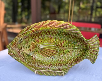 Travessa Vintage Creek-Turn para Peixe, Prato de Servir em Cerâmica Verde Oliva de 38 cm (Design de 1959)