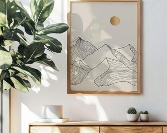 Wüste Lineart Dubai Poster Gerahmt | Fertig zum Aufhängen | Goldene Dünen Wanddeko | Minimalistische Wüstenlandschaft