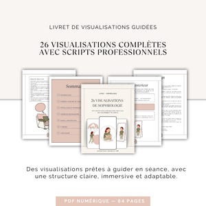 May include: A collection of open books with the title "26 Visualisations of Sophrology" in French. The cover shows illustrations of a woman and a parachute. The text "LIVRET DE VISUALISATIONS GUIDÉES" is at the top. The bottom text reads "PDF NUMÉRIQUE - 64 PAGES".