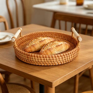Könnte beinhalten: Ein runder Brot-Korb aus geflochtenem Rattan mit zwei Holzgriffen, der zwei Brote enthält. Der Korb ist hellbraun und steht auf einem Holztisch. Das Brot hat eine goldbraune Kruste.