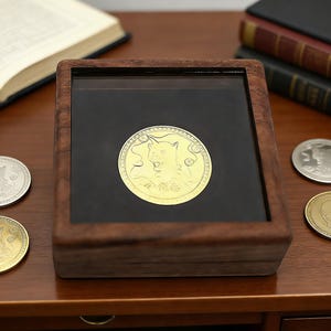 Puede incluir: Una moneda de oro con un dise&ntilde;o detallado de animal se exhibe en una caja de madera con tapa de cristal. Se ven varias otras monedas y un libro. La moneda en la caja es el punto focal, mostrando su intrincada obra de arte.